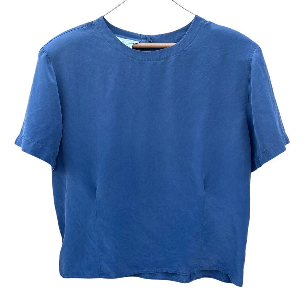 Silk Shell Blouse Vintage 100% Natural Fiber Short Sleeve Slate Blue Size 16 XL